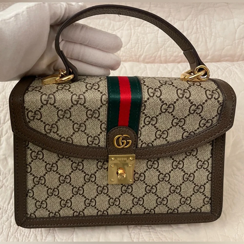 G*U*C*C*I Beige and Brown Satchel with Gold Accents - Picture 2 of 12